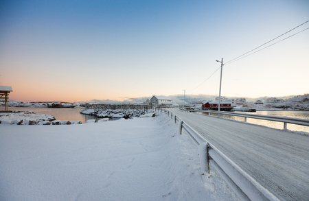 Public road with the snow on the lofoten islandの写真素材