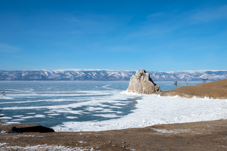 Landscape of mountain with the frozen lake of Baikal in Russiaの写真素材