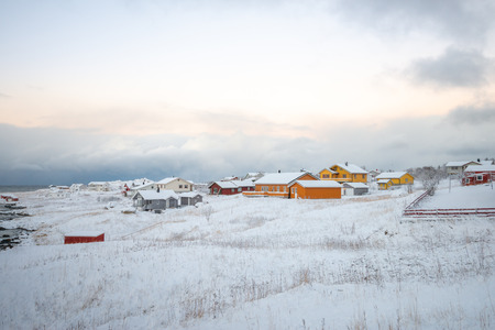 Landscape colourful house village in winter with snow at Lofoten Norwayの写真素材