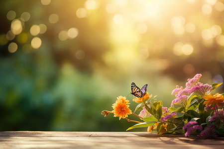Butterfly and flowers on wooden table with bokeh backgroundの素材