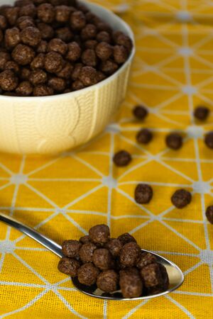 selective focus, a healthy Breakfast, chocolate chips, cereal for the kids. Pour milk, contain calcium and vitamins. Vertical position.の写真素材