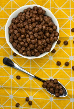 selective focus, a healthy Breakfast, chocolate chips, cereal for the kids. Pour milk, contain calcium and vitamins. Vertical position.の写真素材