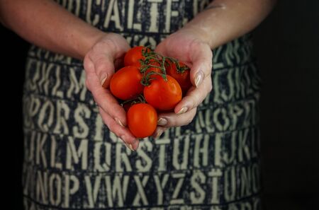 selective focus, a girl in an apron holding red cherry tomatoesの写真素材