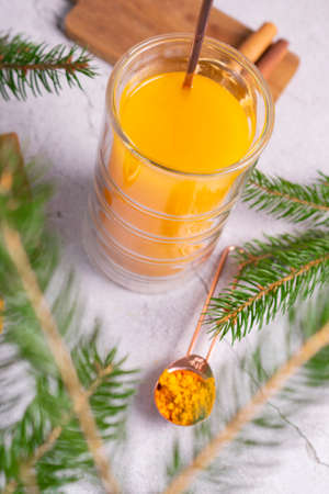 hot new year's drink from turmeric, Golden milk. in a tall glass with fir branches