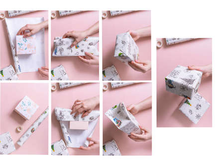 1. wrapping paper, tape. box 2. place the box on the center of the paper 3. attach the paper to the...