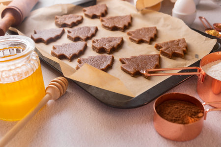 selective focus, homemade gingerbread. flatlay. layout of ingredients on the tableの写真素材