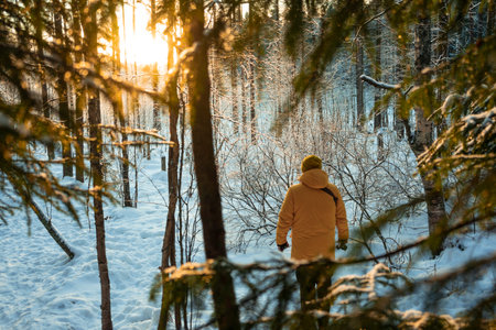 selective focus. an adult man in a bright yellow jacket walks through a snowy mixed forest with...