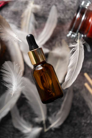 selective focus. Collagen oil in a glass container. levitation. Extra protein intake. Natural beauty and Health supplement for skin, bones, joints and intestinesの写真素材