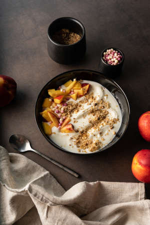 morning breakfast. natural yogurt with fruiの写真素材