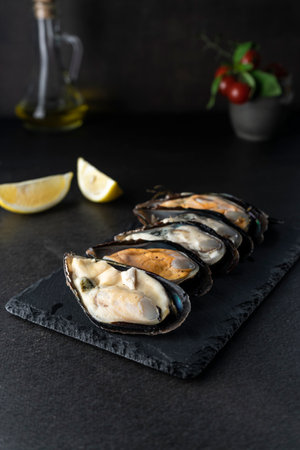 mussels freshly frozen on a plate with ice, on a dark background, copyspace. Expensive delicacyの写真素材
