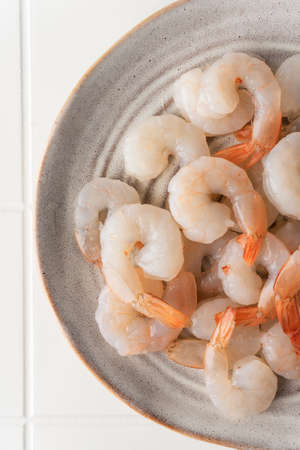 Thawed peeled shrimp, seafood, delicacyの写真素材