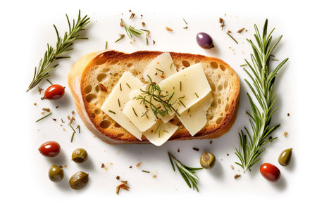 Sandwich with cheese, olives and rosemary on white backgroundの素材