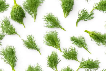 Fresh dill isolated on white background. Top view. Flat lay patternの素材
