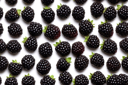 Blackberries on white background. Top view. Flat lay pattern.の素材