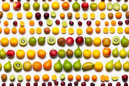 Colorful fruit pattern on a white background. Flat lay, top view.の素材