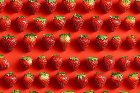 Strawberry pattern on red background. Flat lay, top viewの素材