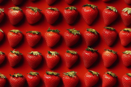 Fresh strawberries on a red background. Top view. Flat lay.の素材