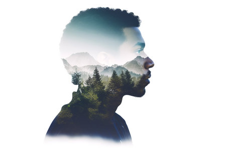 Double exposure of man face and nature background. Double exposure of man face and nature background.の素材