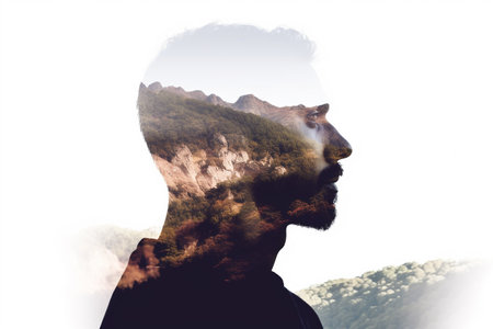 Side view of a man looking at the mountain landscape. Double exposureの素材