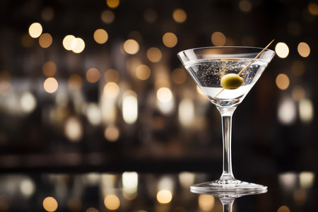 Martini cocktail with olives in martini glass on blurred backgroundの素材