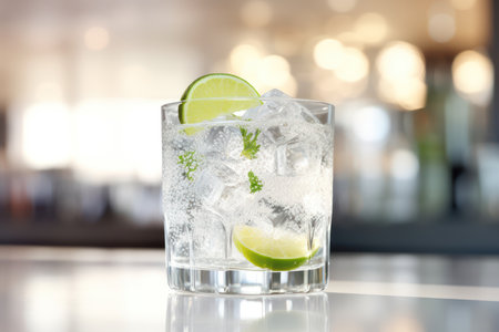 Glass of cocktail with ice cubes and lime on table in bar, closeupの素材