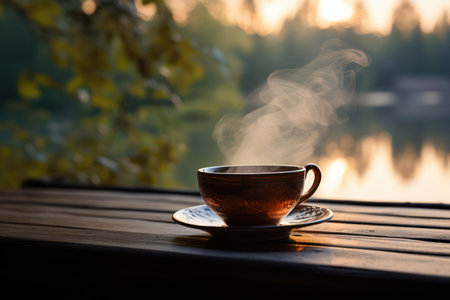 Cup of hot tea on wooden table on background of foggy forest and lakeの素材