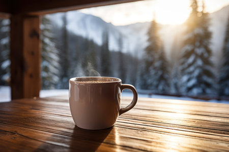 Cup of coffee on a wooden table in the mountains at sunriseの素材