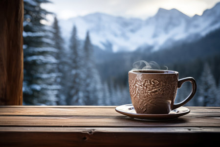 Coffee cup on wooden table in front of winter mountains.の素材
