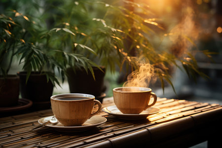 Two cups of coffee on the table in the morning light. Coffee breakの素材