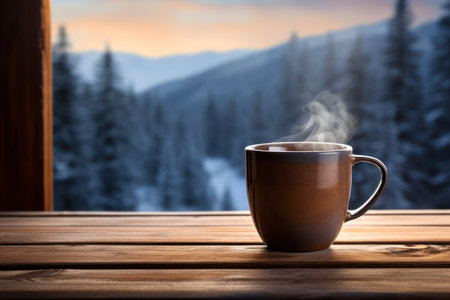 Coffee cup on wooden table in front of winter landscape.の素材