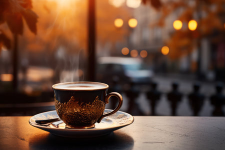 Cup of coffee on the terrace of cafe in the morningの素材