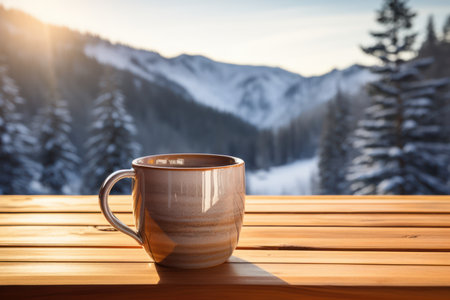 Coffee cup on wooden table in front of beautiful winter landscapeの素材