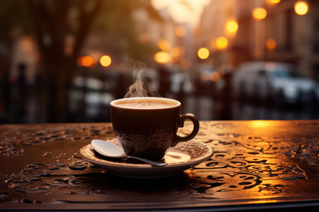 Coffee cup on the table in cafe with bokeh backgroundの素材