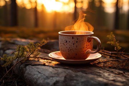 Cup of coffee in the forest at sunset. Beautiful nature background.の素材