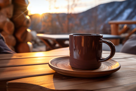 Cup of coffee on wooden table in outdoor cafe, closeupの素材