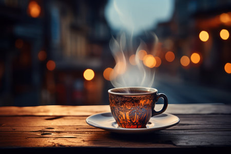 Cup of hot coffee on wooden table in city street at nightの素材