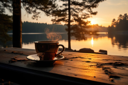 Cup of coffee on a wooden table in the lake at sunsetの素材