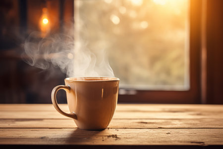 Cup of coffee on a wooden table with a blurred background.の素材