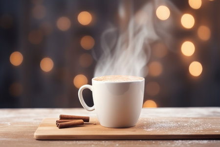 Cup of coffee with cinnamon on wooden table against bokeh lightsの素材