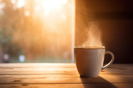 Coffee cup on wooden table and bokeh background.の素材