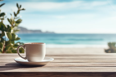 Coffee cup on wooden table in front of sea background.の素材
