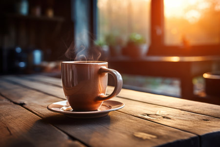 Coffee cup on wooden table in coffee shop, stock photoの素材