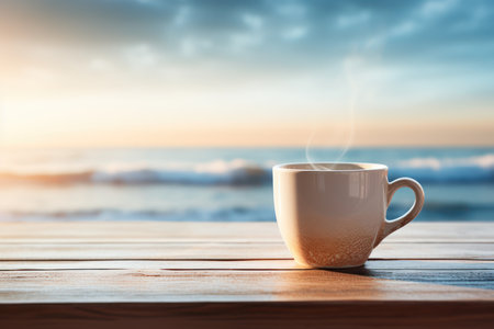 Coffee cup on wooden table with sea and sky background.の素材