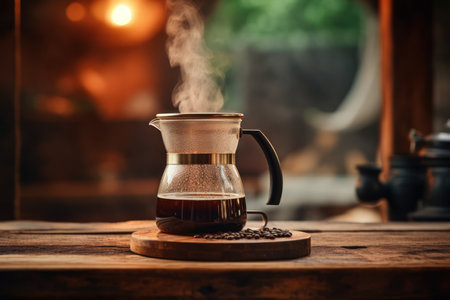 Coffee maker and coffee beans on wooden table in coffee shopの素材
