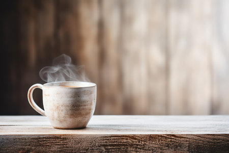 Coffee cup on wooden table in coffee shop, stock photoの素材