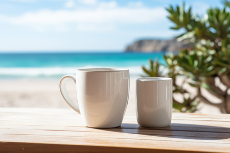 Coffee cup on wooden table with sea and blue sky backgroundの素材