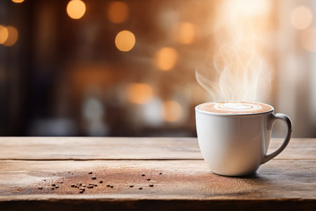 Coffee cup on wooden table and bokeh background.の素材