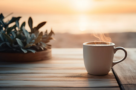 Coffee cup on the wooden table with sea and sunset backgroundの素材