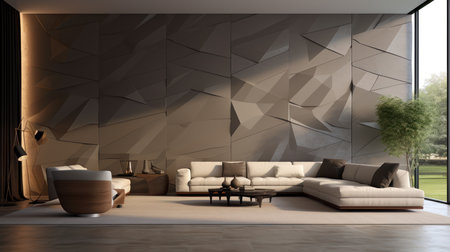 Interior of modern living room with brown walls, concrete floor, beige sofa and coffee table. 3d renderingの素材