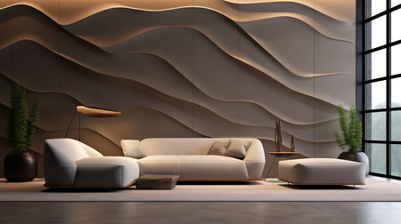 Interior of modern living room with brown walls, concrete floor, beige sofa and coffee table. 3d renderingの素材